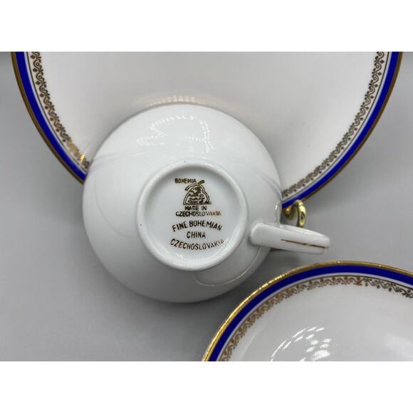 Bohemia Czechoslovakia Gold, Blue, White Cup, Saucer & Sandwich Plate Trio Set - Picture 6 of 10
